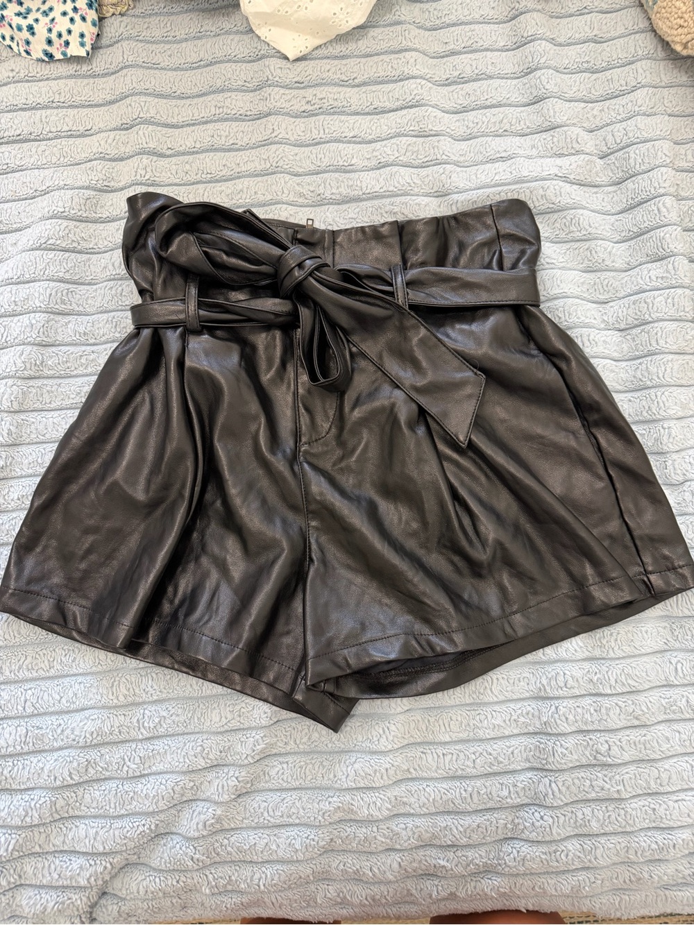 Olivaceous Black Faux Leather High-Waist Paperbag Shorts with Tie